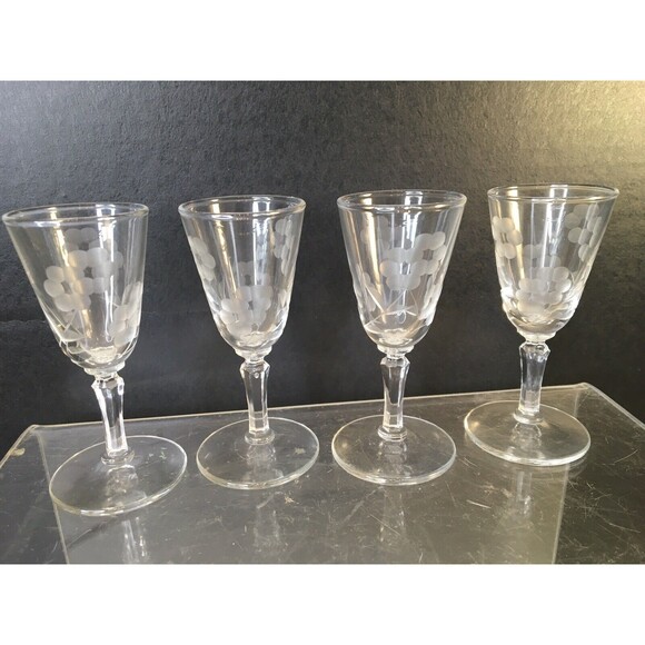 4 Vintage Crystal Clear Optic Stemmed Cordial Liqueur Glasses Etched Floral - Picture 7 of 12